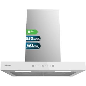 Cecotec Cappa Aspirante 60 cm Flux TT 605500 Inox A++. 70 W, Finitura Frontale Vetro Bianco, Basso Consumo, Aspirazione 550 M3/H, Controllo Tattile, 3 Livelli, Luce Led, Filtro Al Carbonio