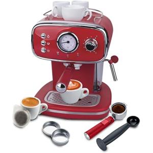 Wintem - Macchina Caffè Rossa 1100 W per Espresso e Cappuccino con Lancia Vapore, Compatibile con Cialde e Caffè Macinato, Serbatoio Rimovibile 1,2 L, Pressione 15 Bar