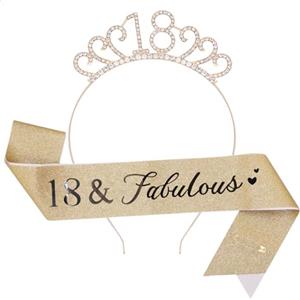 TOPWAYS 18 Anni Decorazioni Donna: Corona Sciarpa Set, Fabulous Sash e Strass Coroncina per Festa di Compleanno Ragazza Donna (Oro)