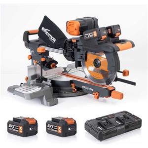 Evolution Power Tools R255SMS-DB-Li Troncatrice scorrevole a doppio smusso cordless 2x 18 V Li-Ion EXT inclusa lama multi-materiale per taglio su legno metallo plastica 255 mm - Batteria inclusa