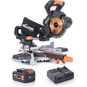 Evolution Power Tools Evolution R185SMS-Li Troncatrice scorrevole cordless per taglio multi-materiale, smusso 45°, bisello 50°, 850 W - Include batteria 4 Ah e caricabatterie, lama TCT da 185 MM, 3 anni di garanzia
