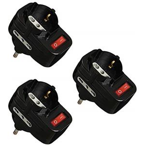 Electraline 92397 Confezione da 3 Adattatori Multipresa Tripla con Interruttore, Spina Rotante 16A, Nero