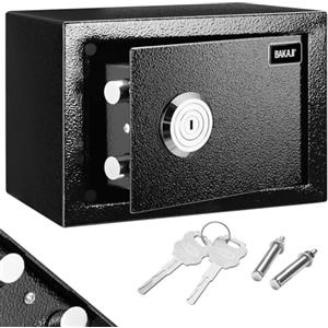BAKAJI Cassaforte di Sicurezza in Acciaio con Chiave a Doppia Serratura, Cassetta Meccanica Antiscasso, Resistente al Fuoco con 2 Bulloni per Fissaggio a Muro Parete, 23 x 17 x 17.3 cm