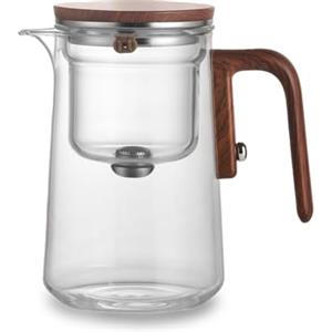 Wintem - Teiera in Vetro con Infusore da 600/800ml con Manico in Legno Antiscottatura, Infusore a Pressione Integrato per Tè e Tisane, Chiusura Ermetica, Facile da Usare e da Pulire
