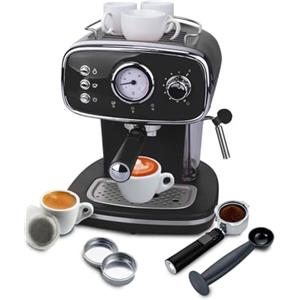 Wintem - Macchina Caffè Nera 1100 W per Espresso e Cappuccino con Lancia Vapore, Compatibile con Cialde e Caffè Macinato, Serbatoio Rimovibile 1,2 L, Pressione 15 Bar