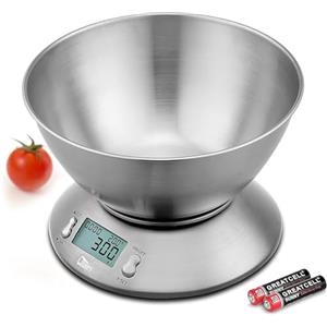 Uten Bilancia elettronica da cucina, Bilancia digitale con ciotola staccabile in acciaio inox, 11 libbre, 5 kg, con sensore di temperatura ambiente e bilancia da cucina di precisione