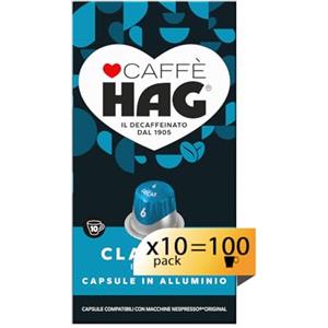 cafe HAG Hag - Capsule Caffè Decaffeinato Espresso Classico - 100 capsule in alluminio - Intensità 6 - Compatibili con Macchine Nespresso®* original - 10 pacchetti da 10 capsule (totale 100 capsule)