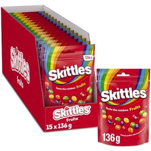 Skittles Fruits, Caramelle Americane Rotonde Colorate a tutti i Gusti della Frutta, 15 confezioni da 136 g ognuna, Nuova versione, Idee Regalo Natale