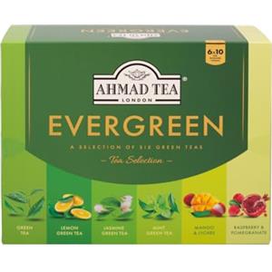 Ahmad Tea, EverGreen Selection - Selezione di Tè Verde Puro o Aromatizzato alla Frutta/Fiori in 6 Gusti Diversi - Cofanetto con 6 Confezioni da 10 Bustine