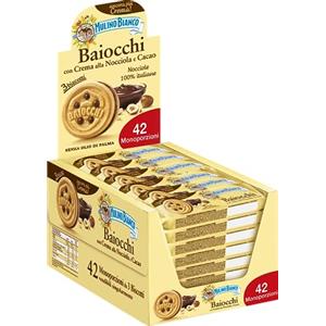 Mulino Bianco Biscotti Baiocchi con Crema alla Nocciola e Cacao, Snack Ideale per Colazione e Snack Dolce per la Merenda, Confezione da 42 Pacchetti