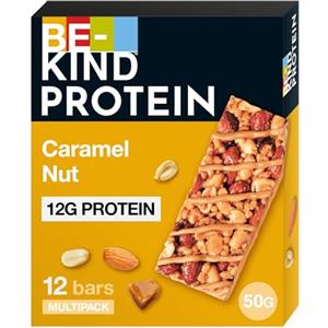 BE-KIND Protein Barretta Proteica al Caramello Tostato e Noci, Arachidi e Mandorle, Snack Proteico senza Glutine, 12 gr di Proteine, 12 Unità, Confezione da 1
