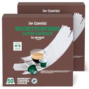 by Amazon Capsule in Plastica di Caffè Ristretto Intenso Compatibili con Nespresso, Tostatura scura, 100 pezzi (2 Confezioni da 50) - Certificato Rainforest Alliance