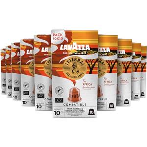 Lavazza, ¡Tierra! For Africa, 100 Capsule di Caffè in Alluminio Compatibili con Macchine Nespresso* Original, con Note di Cacao e Frutta Secca, Intensità 10/13, 10 Pack da 10 Capsule