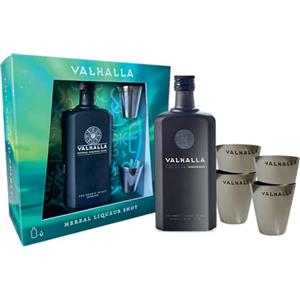 Valhalla, Liquore alle Erbe, 500 ml, Confezione Regalo con 4 Bicchierini in Metallo, Liquore Finlandese a Base di Vodka, Note Amare e Agrumate, Sapore Dolce e Forte, Botaniche Selezionate, 35% Vol.