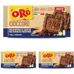 Oro Saiwa Cioccoro, Frollini Integrali al Cacao con Gocce di Cioccolato e Fiocchi d'Avena, Fonte di Fibre, 100% Grano Italiano, 300g (6 monoporzioni da 50g) (Confezione da 3)