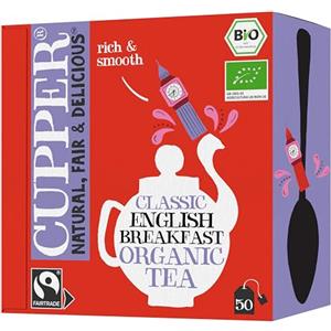 CUPPER Tè Classico English Breakfast Biologico Fairtrade, Tè Nero Ricco e Aromatico, Ingredienti da Agricoltura Biologica, Filtri 100% Biodegradabili, Confezione da 50 Bustine