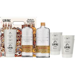 GIN MG MG Gin, 700 ml, Confezione Regalo con 4 Bicchieri, London Dry, Ideale per un Gin Tonic Premium, Note di Ginepro ed Erbacee, Distillato in Alambicchi con Metodo London Dry, Prodotto in Spagna, 40% Vol.