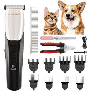 BarberBoss Tosatrice per cani, rasoio per cani - 8 accessori per pettine, design elegante con 4 velocità, 100% impermeabile, testina in ceramica, LED, cordless - Tagliacane e gatti, QR-9083