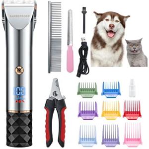 BarberBoss Pet Grooming Kit - Tosatrice per cani a basso rumore con 2 impostazioni di velocità, lame in ceramica, ricarica USB, display a LED e 8 accessori per pettine, QR-9081