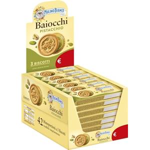 Mulino Bianco Biscotti Baiocchi al Pistacchio, Biscotti con Pistacchio e Pastafrolla Ideali per Colazione o Merenda, Senza Olio di Palma, Confezione da 42 Monoporzioni da 28g