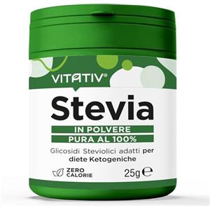 VITATIV Stevia Pura in Polvere - Rebaudioside A 98% Dolcificante Naturale - Zero Calorie, Ideale per Diete Ketogeniche, Vegano e Senza Glutine - 25gr