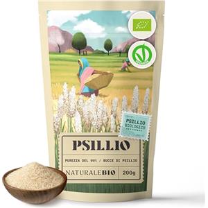 NaturaleBio Bucce di Psillio Biologico 200 g. Purezza 99%. Psyllium Husk Bio, Naturale e Puro. Cuticola di Semi di Psillio, prodotto in India. Ricco di Fibre, da assumere in Acqua, Bevande o Succhi