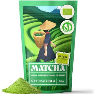 NaturaleBio Tè Verde Matcha Biologico in Polvere 50g. Grado Culinario. The Matcha Prodotto in Giappone. Ideale per Dolci, Frullati, Tè freddo, Latte e in Cucina come Ingrediente nelle Ricette