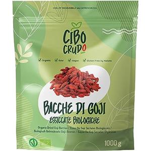 CIBO CRUDO crudo biologico vegan Bacche di Goji Bio Crude - Qualità Premium - 1 Kg. Bacche di Goji Biologiche Crude ed Essiccate Senza Zuccheri Aggiunti. Goji Berries Raw and Organic. Lycium Barbarum.