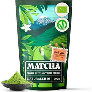 NaturaleBio Tè Verde Matcha Biologico in Polvere 200g. Grado Premium. The Matcha Prodotto in Giappone. Ideale da Bere, per i Dolci, Frullati, Tè freddo, nel Latte e come ingrediente