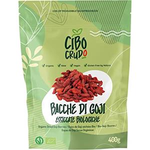 CIBO CRUDO crudo biologico vegan Bacche di Goji Bio Crude - Qualità Premium - 400g. Bacche di Goji Biologiche Crude ed Essiccate Senza Zuccheri Aggiunti. Goji Berries Raw and Organic. Lycium Barbarum.