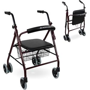 Mobiclinic® deambulatore, Prado, Marchio europeo, Pieghevole, Marcatura ce, Con freni a pressione, Alluminio, Leggero, Seduta, Cestino e 4 ruote, Colore bordeaux