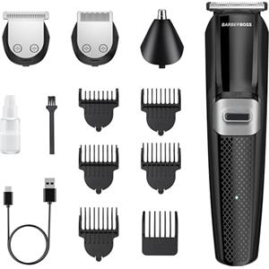 BarberBoss Kit 3 in 1 per Toelettatura da Uomo, Trimmer per Barba, Tagliacapelli Senza Fili, Rasoio per Naso, QR-6056