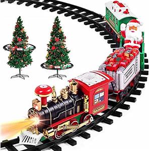 PARTENOPE Trenino Natalizio con Supporto Installazione per Centro Albero di Natale Treno Elettrico 2 Vagoni + Slitta Babbo Natale con Luci e Suoni Decorazioni Natalizie Diametro Pista 89 cm