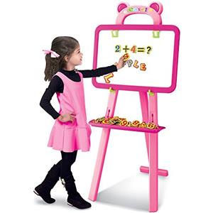 BAKAJI Lavagna Magnetica per Bambini 2in1 Doppia Area di Disegno con Treppiedi Gessetti Cassino E Pennarelli Magici 2 Altezze Regolabili Dimensioni 44,5 x 38 x 94,5 cm Colore Rosa