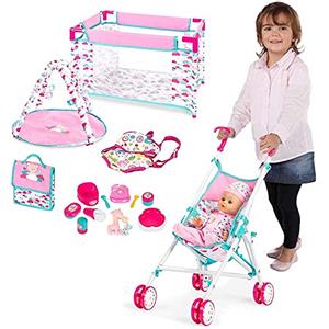 BAKAJI Playset Bambola e Accessori 15 in 1 con Culla Lettino e Carrozzino Pieghevoli Palestrina Gioco Marsupio Porta Bambolotto Borsa Accessori Pappa e Vasino Rivestimento in Tessuto