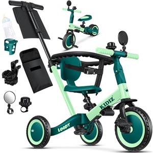 KIDIZ® 6in1 Balance Bike - Triciclo, Triciclo per Bambini, da 1 a 5 anni, capacità di carico fino a 25 kg, incl. Manubrio/Barra di sicurezza/Cintura di sicurezza/Campana e Specchio, Grün