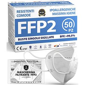 Polonord Adeste ADESTE - 50 Mascherine FFP2 Bianche Certificate CE, Filiera controllata, anallergiche, con elastici comodi e resistenti. Sicura: capacità filtrante >99,5%, Buste singole sigillate.