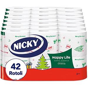 Nicky Happy Life Christmas - Carta Igienica Natalizia, 42 Rotoli da 170 Strappi, a 3 Veli, Apertura Facilitata, 4 Fantasie con Decori Natalizi, Morbida e Resistente, Allegra e Festiva, Carta FSC