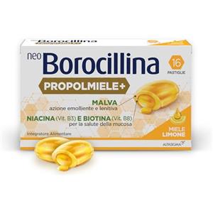 NEO BOROCILLINA Propolmiele+, Integratore Alimentare per il benessere della Gola, 16 Pastiglie, Gusto Limone e Miele