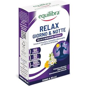 Equilibra Integratori Alimentari, Relax Giorno E Notte, Integratore A Base Di Estratti Vegetali Per Contribuire Al Rilassamento, Con Passiflora, Camomilla E Valeriana, 50 Compresse