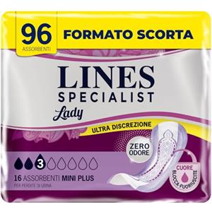 Lines Specialist Lady Mini Plus, Assorbenti per Incontinenza Donna, con Tecnologia Zero Odore e Barriere Laterali Protettive, Scorta Mensile, 6 Confezioni da 16 Unità