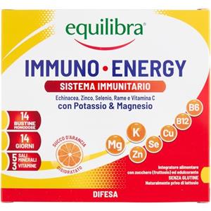 Equilibra Integratori Alimentari, Immuno Energy, Integratore per la Normale Funzione del Sistema Immunitario a Base di Sali Minerali e Vitamine, Riduce Stanchezza e Affaticamento, 14 Bustine