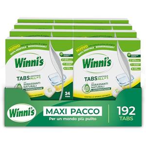 Winni's - Pastiglie per Lavastoviglie, 192 Tabs, Detersivo Multiazione Detergente, Sgrassante, Antiodore e Brillantante, Fragranza di Limone, con Materie Prime di Origine Vegetale, Confezione da 8