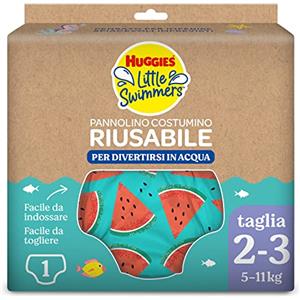 Huggies Little Swimmers, Pannolino Costumino, Taglia 2-3 (5-11 kg), Riutilizzabile, Con Fantasia Angurie, 1 Pz