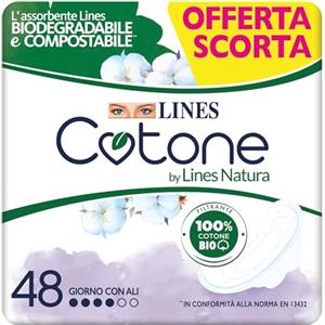 Lines Cotone by Lines Natura con Ali, 48 assorbenti in cotone per il giorno, Biodegradabile e Compostabile. Filtrante 100% cotone Bio delicato sulla pelle, pacco scorta.