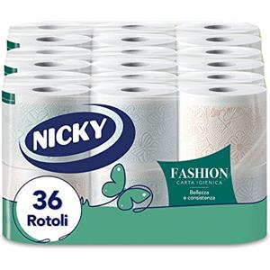 Nicky Fashion Carta Igienica - Confezione da 36 Maxi Rotoli a 4 Veli, 165 Strappi per Rotolo, Decorata, Resistente e Morbida sulla Pelle, Delicatamente Profumata al Talco, Prodotta in Italia