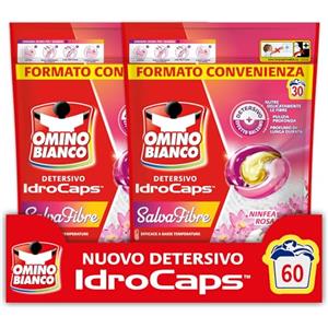 Omino Bianco Idrocaps - Detersivo Lavatrice in Capsule Salva Fibre, 60 Lavaggi, Efficace a Basse Temperature, Profumo Ninfea Rosa, 30 Caps x 2 Confezioni