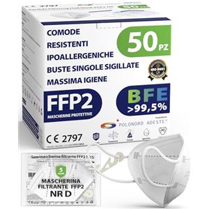 Polonord Adeste ADESTE - 50 Mascherine FFP2 NR D Bianche Certificate CE, Filiera controllata, anallergiche, con elastici comodi e resistenti. Sicura: capacità filtrante >99,5%, Buste singole sigillate