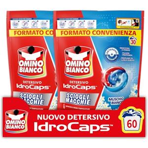 Omino Bianco Idrocaps - Detersivo Lavatrice in Capsule Sciogli Macchie, 60 Lavaggi, Efficace a Basse Temperature, Profumo Muschio Bianco, 30 Caps x 2 Confezioni