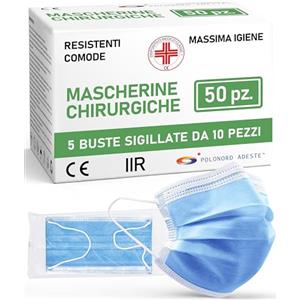 Polonord Adeste Mascherine Chirurgiche, Potere Filtrante 98%, Mascherina Chirurgica Filtrante Monouso di Tipo IIR a 3 Strati, Dispositivo Medico di Classe I, Confezione da 50